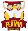 Spaniard Couple Celebrating San Fermin Festival over Ribbon, Vector Illustration