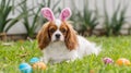 A Spaniel dog in bunny ears surrounded by colorful Easter eggs on green grass in the garden Royalty Free Stock Photo