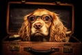 A spaniel dog with glasses sitting in a suitcase. The concept of transporting pets. Generative AI