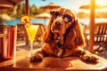 Spaniel dog is relaxing on the beach with a cocktail. A seaside holiday concept with animals. Generative AI