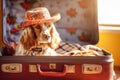 Spaniel dog in a straw hat in a suitcase. Travel concept with pets. Generative AI