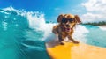 Spaniel dog in sunglasses rides sea wave, happy pet surfs in ocean, view of funny surfer sliding on blue water and sky. Concept of Royalty Free Stock Photo