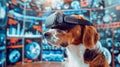 A Spaniel dog wearing a VR headset is engrossed in a virtual world, surrounded by futuristic cyber-data, symbolizing a