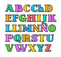 Spanish alphabet colorful letters, black outline, vector. Royalty Free Stock Photo