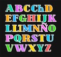 Spanish alphabet colorful letters, white outline, vector. Royalty Free Stock Photo