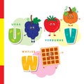 Spanish alphabet. Grapes, vegetables, waffles. Vector letters and characters.