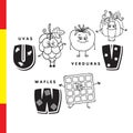 Spanish alphabet. Grapes, vegetables, waffles. Vector letters and characters.