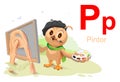 Spanish alphabet letter p artist pintor. Vector cartoon illustration