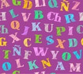 Spanish alphabet, seamless pattern, shading, pencil, purple, color, vector. Royalty Free Stock Photo