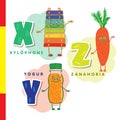 Spanish alphabet. Xylophone, carrots, yogurt. Vector letters and characters.