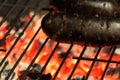 Spanish black pudding on flaming barbecue grill