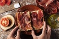 Spanish bocadillo de jamon, serrano ham sandwich Royalty Free Stock Photo