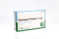 Huelva  Spain - January 25  2021: Spanish Box of Diazepam brand Prodes. Diazepam  first marketed as Valium  is a medicine of the Royalty Free Stock Photo