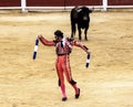 Spanish bullfight. The enraged bull attacks the bullfighter. Spain 2017 07.25.2017. Vinaros Monumental Corrida de toros. Royalty Free Stock Photo