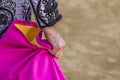 Spanish Bullfighter with the Cape in the bullring Royalty Free Stock Photo