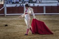 Spanish bullfighter Juan Jose Padilla walking very slowly inciting the bull with the crutch in the bullring of Pozoblanco