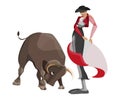 Spanish bullfighting in cartoon style. Vector illustration of evil bull and matador in a red cape. Royalty Free Stock Photo