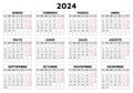 2024 spanish calendar. Simple printable vector template with grid illustration in Spain. Horizontal. Plan year