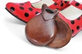 Spanish castanets and typical dot-patterned red flamenco shoes Royalty Free Stock Photo
