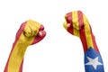 Spanish and Catalan flag painted in the hand with a fist. Referendum Royalty Free Stock Photo