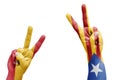 Spanish and Catalan flag painted on hands celebrating victory, r Royalty Free Stock Photo