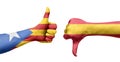 Spanish and Catalan flag painted on the hands with the thumbs up Royalty Free Stock Photo