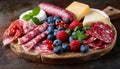 Spanish charcuterie board with jamon, peppered sausage, fuet, cheese, and assorted berries