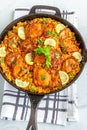 Spanish Chicken and Rice in a Skillet Directly Above Vertical Photo Royalty Free Stock Photo