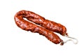 Spanish chorizo pork cured sausage. Isolated on white background.