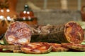 Spanish chorizo slices made of iberian pork. Gourmet product. Royalty Free Stock Photo