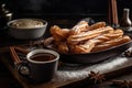 Spanish churros served with hot chocolate. Traditional patisserie.