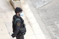 Spanish civil guard police officer guards a checkpoint organized by the COVID-19