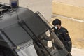 Spanish civil guard police officer guards a checkpoint organized by the COVID-19