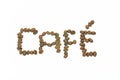 Spanish coffee word formed with roasted organic coffee beans, isolated