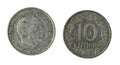 Spanish coins - 10 cents, Francisco Franco. Minted in nickel from the year 1959 Royalty Free Stock Photo