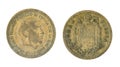 Spanish coins - 1 peseta, Francisco Franco. Minted in copper of the year 1947 Royalty Free Stock Photo