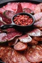 Spanish cold meat plate, chorizo, fuet, lomo,longaniza and salchichon on balck background