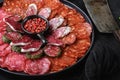 Spanish cold meat plate, chorizo, fuet, lomo,longaniza and salchichon on balck background