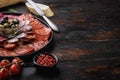 Spanish cold meat plate, chorizo, fuet, lomo,longaniza and salchichon on wooden table with copy space