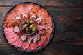 Spanish cold meat plate, chorizo, fuet, lomo,longaniza and salchichon on wooden table, top view with copy space