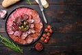 Spanish cold meat plate, chorizo, fuet, lomo,longaniza and salchichon on wooden table, top view with copy space