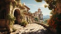 A Spanish Colonial Architecture Hacienda Basked in The Morning Light With Ornate Wooden Window Frames and Built of Old Stone Oil Royalty Free Stock Photo