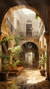 A Spanish Colonial Architecture Hacienda Basked in The Morning Light With Ornate Wooden Window Frames and Built of Old Stone Oil Royalty Free Stock Photo