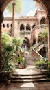 A Spanish Colonial Architecture Hacienda Basked in The Morning Light With Ornate Wooden Window Frames and Built of Old Stone Oil Royalty Free Stock Photo