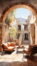 A Spanish Colonial Architecture Hacienda Basked in The Morning Light With Ornate Wooden Window Frames and Built of Old Stone Oil