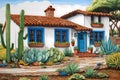 Spanish Colonial Style House (Cartoon Colored Pencil) Royalty Free Stock Photo