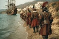 Spanish conquistadors arrive on the shores of America in 1525 to explore and conquer Royalty Free Stock Photo