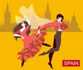 Spanish couple - girl dressed in red dress, and man wearing national clothes with flying cloak - are dancing flamenco Royalty Free Stock Photo