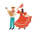 Spanish couple of man playing guitar and woman dancing flamenco in red dress. Hispanic guitarist and passionate female