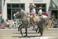 Spanish cowboy on horseback during opening day parade down State Street, Santa Barbara, CA, Old Spanish Days Fiesta, August 3-7 Royalty Free Stock Photo